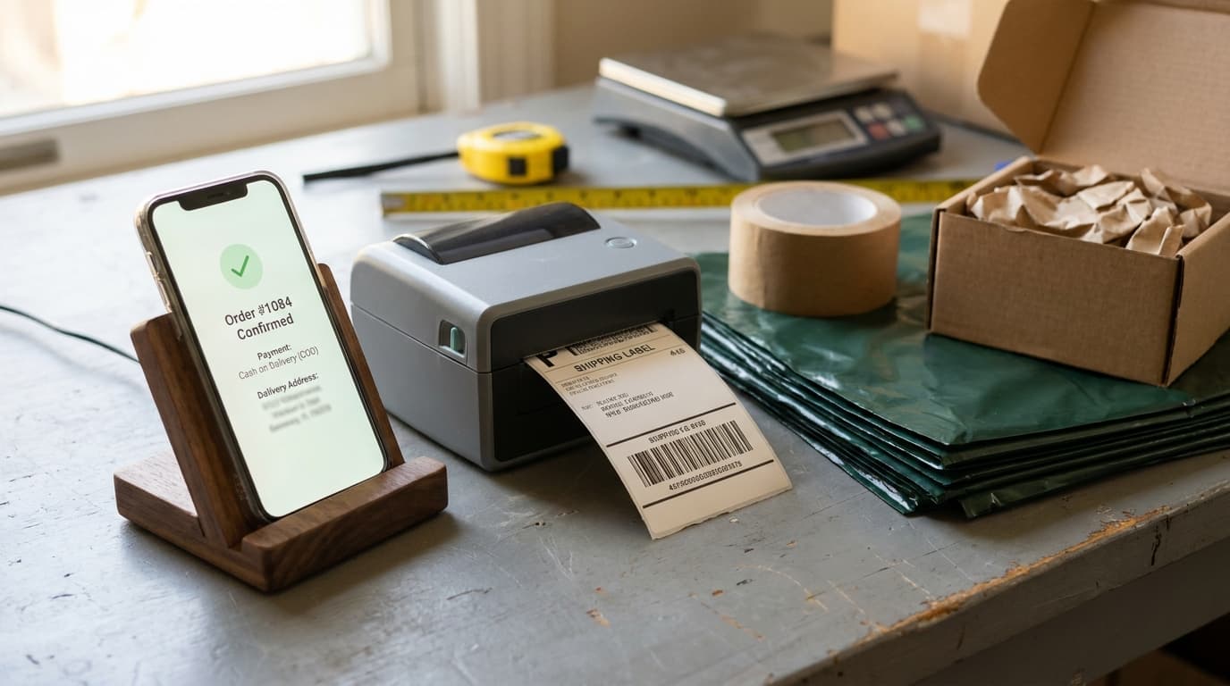 Mobile ecommerce checkout confirmation with Cash on Delivery next to thermal label printer