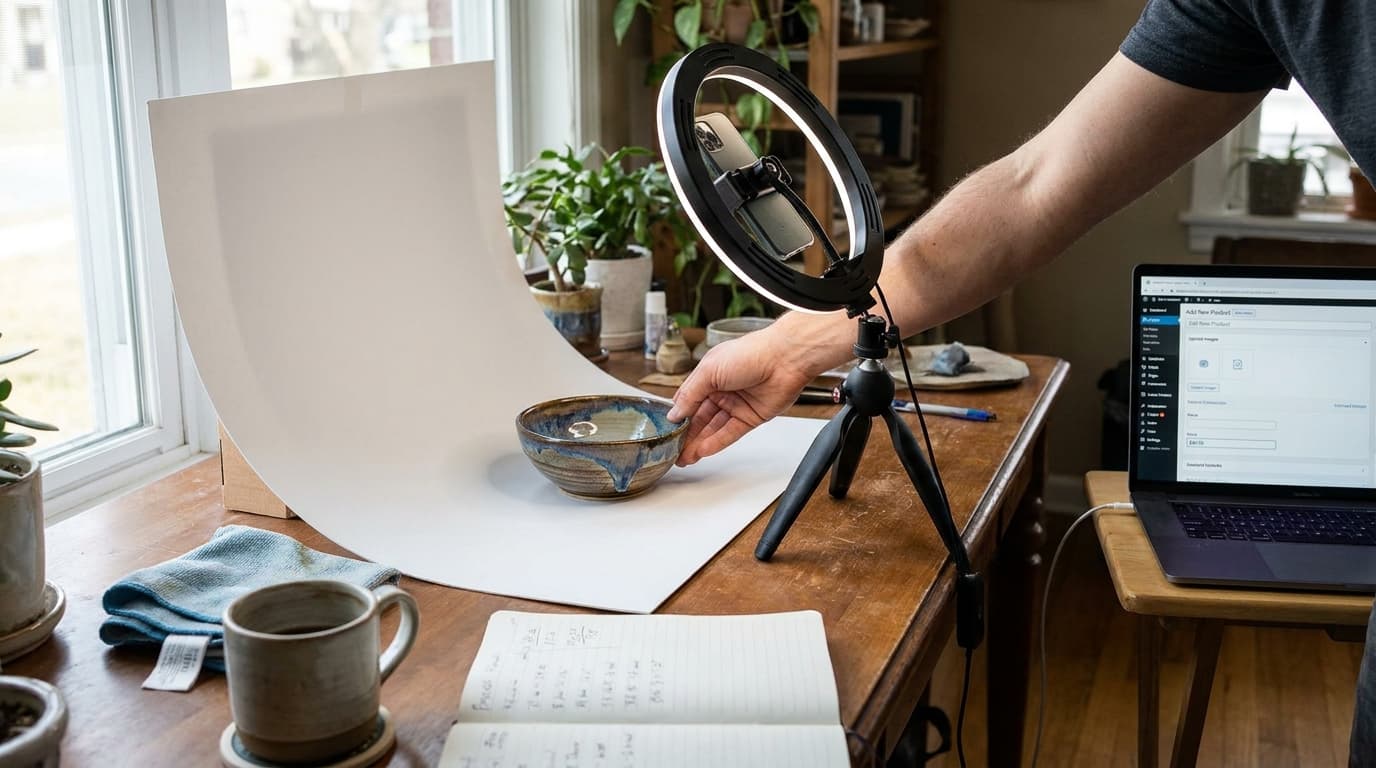 Solo store owner photographing merchandise using a smartphone mount and daylight sweep
