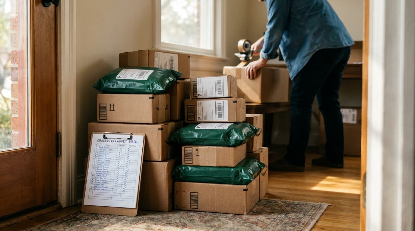 Stack of packaged customer parcels with shipping labels ready for courier pickup